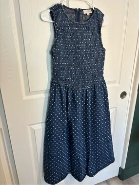 Sunday Edition Smocked Polka Dot Denim Look Midi Dress Large
